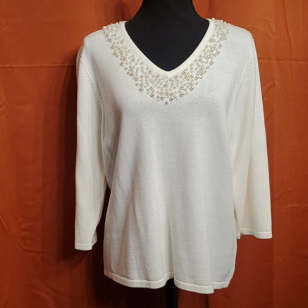 Womesn PL TanJay White Beaded V-Neck Blouse